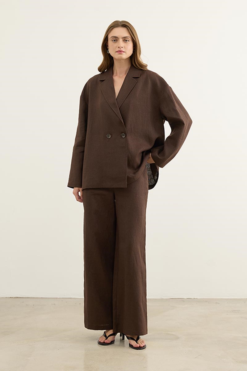 %100 Keten Blazer Pantolon Takım Acı kahve