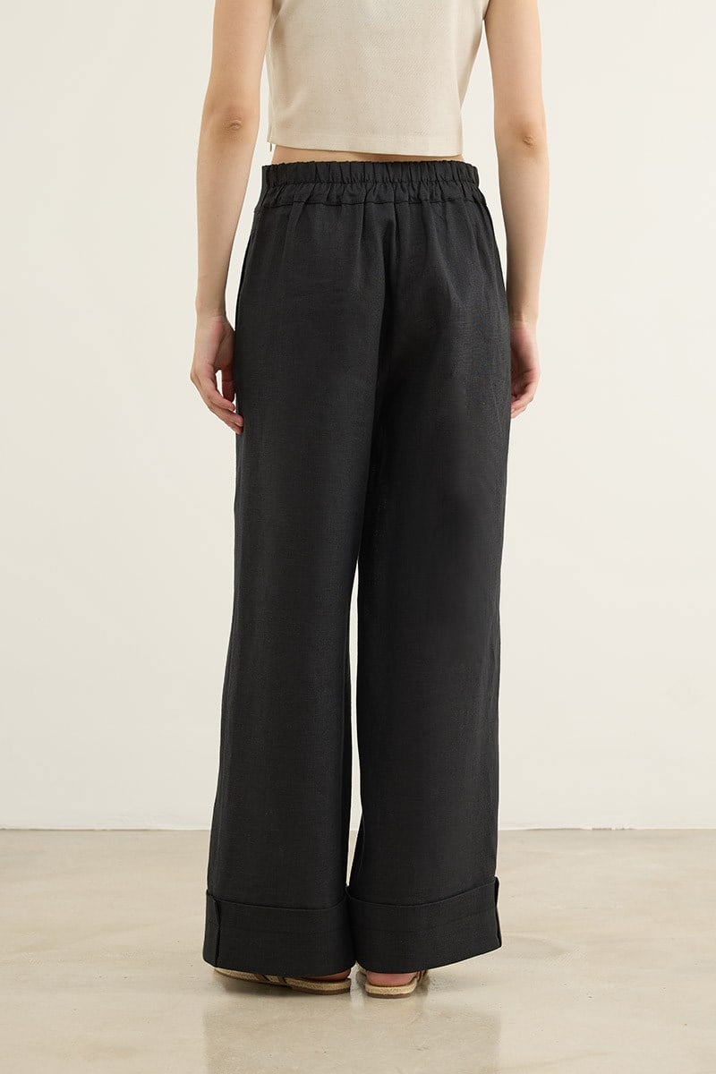 %100 Keten Bol Pantolon Siyah