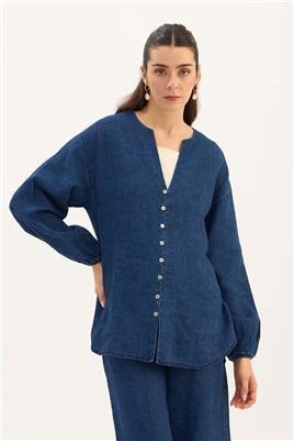 %100 Keten Denim Bluz Lacivert