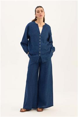 %100 Keten Denim Bluz Lacivert