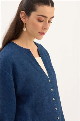 %100 Keten Denim Bluz Lacivert