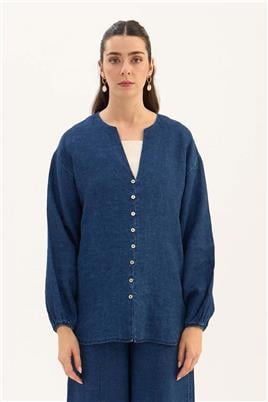 %100 Keten Denim Bluz Lacivert