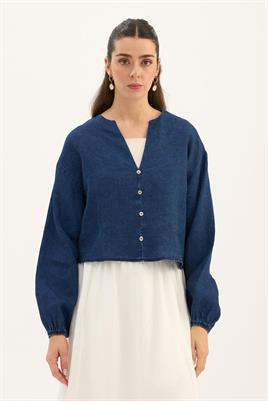 %100 Keten Denim Kısa Bluz Lacivert