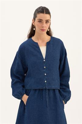 %100 Keten Denim Kısa Bluz Lacivert
