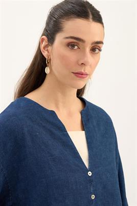 %100 Keten Denim Kısa Bluz Lacivert