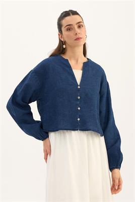 %100 Keten Denim Kısa Bluz Lacivert