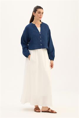 %100 Keten Denim Kısa Bluz Lacivert