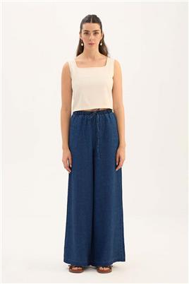 %100 Keten Denim Pantolon Lacivert