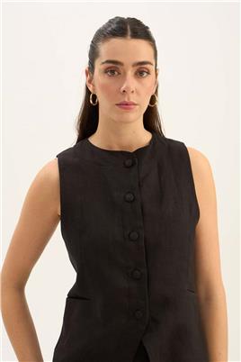 %100 Keten Düğmeli Yelek Siyah