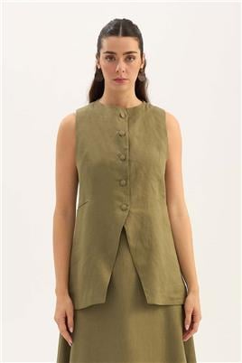 %100 Keten Düğmeli Yelek Haki
