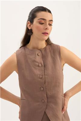 %100 Keten Düğmeli Yelek Vizon