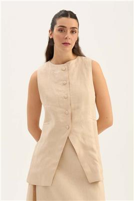 %100 Keten Düğmeli Yelek Krem