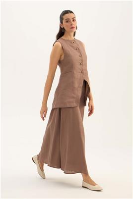 %100 Keten Düğmeli Yelek Vizon