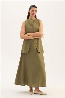 %100 Keten Düğmeli Yelek Haki