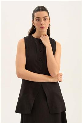 %100 Keten Düğmeli Yelek Siyah