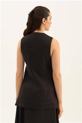 %100 Keten Düğmeli Yelek Siyah