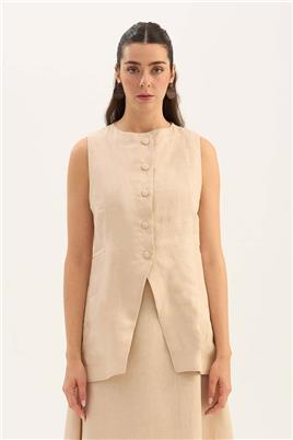 %100 Keten Düğmeli Yelek Krem