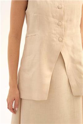 %100 Keten Düğmeli Yelek Krem