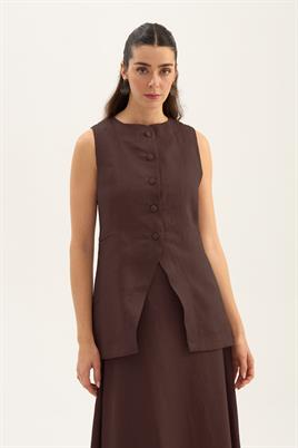 %100 Keten Düğmeli Yelek Acı kahve