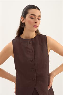 %100 Keten Düğmeli Yelek Acı kahve