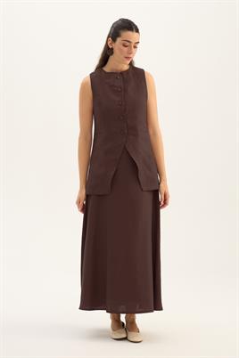 %100 Keten Düğmeli Yelek Acı kahve