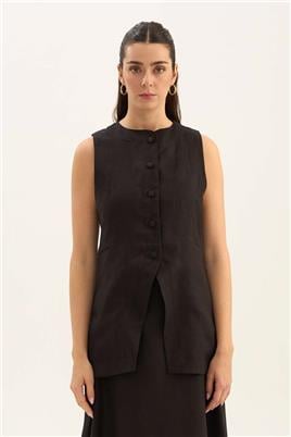 %100 Keten Düğmeli Yelek Siyah