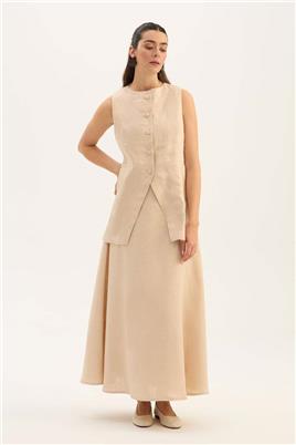 %100 Keten Düğmeli Yelek Krem