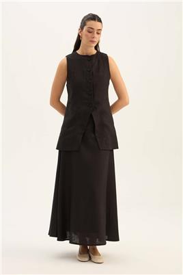 %100 Keten Düğmeli Yelek Siyah