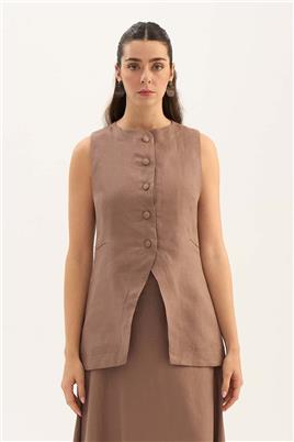 %100 Keten Düğmeli Yelek Vizon