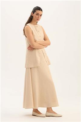 %100 Keten Düğmeli Yelek Krem