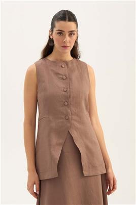 %100 Keten Düğmeli Yelek Vizon