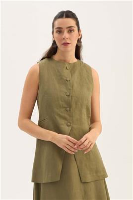 %100 Keten Düğmeli Yelek Haki