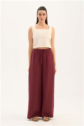 %100 Keten Ekstra Bol Pantolon Bordo