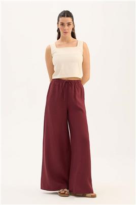%100 Keten Ekstra Bol Pantolon Bordo