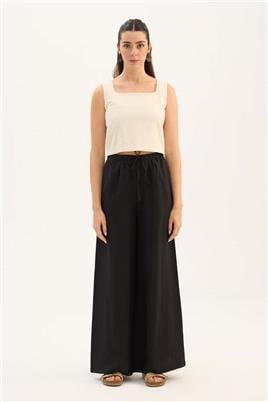 %100 Keten Ekstra Bol Pantolon Siyah