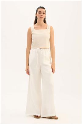 %100 Keten Ekstra Bol Pantolon Ekru