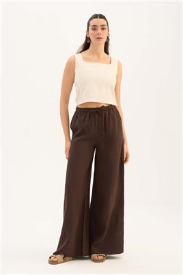 %100 Keten Ekstra Bol Pantolon Acı kahve