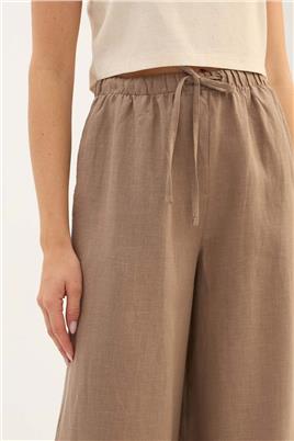 %100 Keten Ekstra Bol Pantolon Vizon