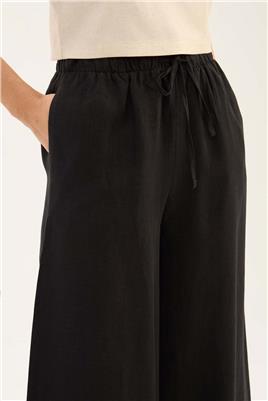 %100 Keten Ekstra Bol Pantolon Siyah