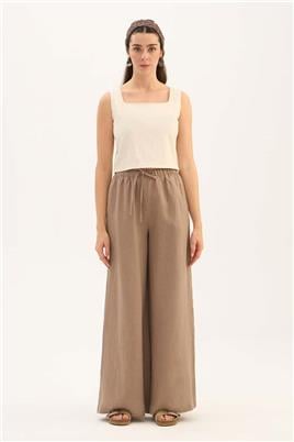 %100 Keten Ekstra Bol Pantolon Vizon