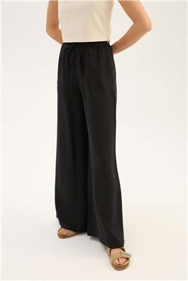 %100 Keten Ekstra Bol Pantolon Siyah