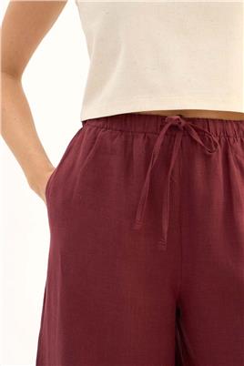 %100 Keten Ekstra Bol Pantolon Bordo