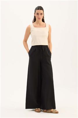 %100 Keten Ekstra Bol Pantolon Siyah