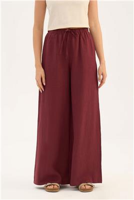 %100 Keten Ekstra Bol Pantolon Bordo