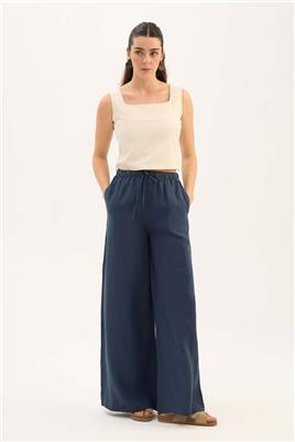 %100 Keten Ekstra Bol Pantolon Lacivert