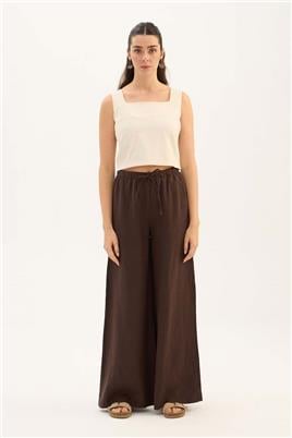 %100 Keten Ekstra Bol Pantolon Acı kahve