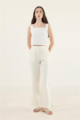 %100 Keten Flare Pantolon Ekru