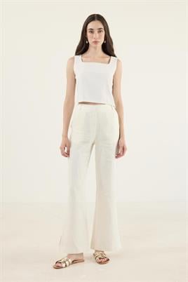 %100 Keten Flare Pantolon Ekru