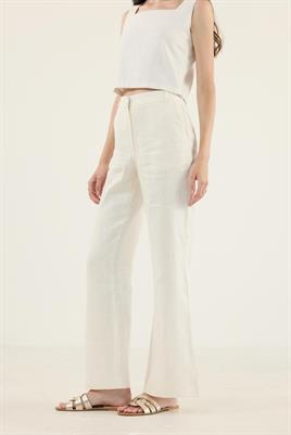 %100 Keten Flare Pantolon Ekru