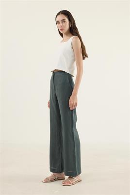 %100 Keten Flare Pantolon Koyu yeşil